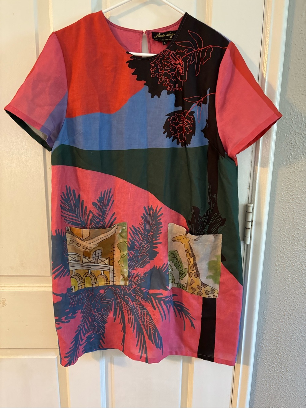 Anthropologie Geisha Designs Tropical Safari Shift MiniDress Embroidered Giraffe
